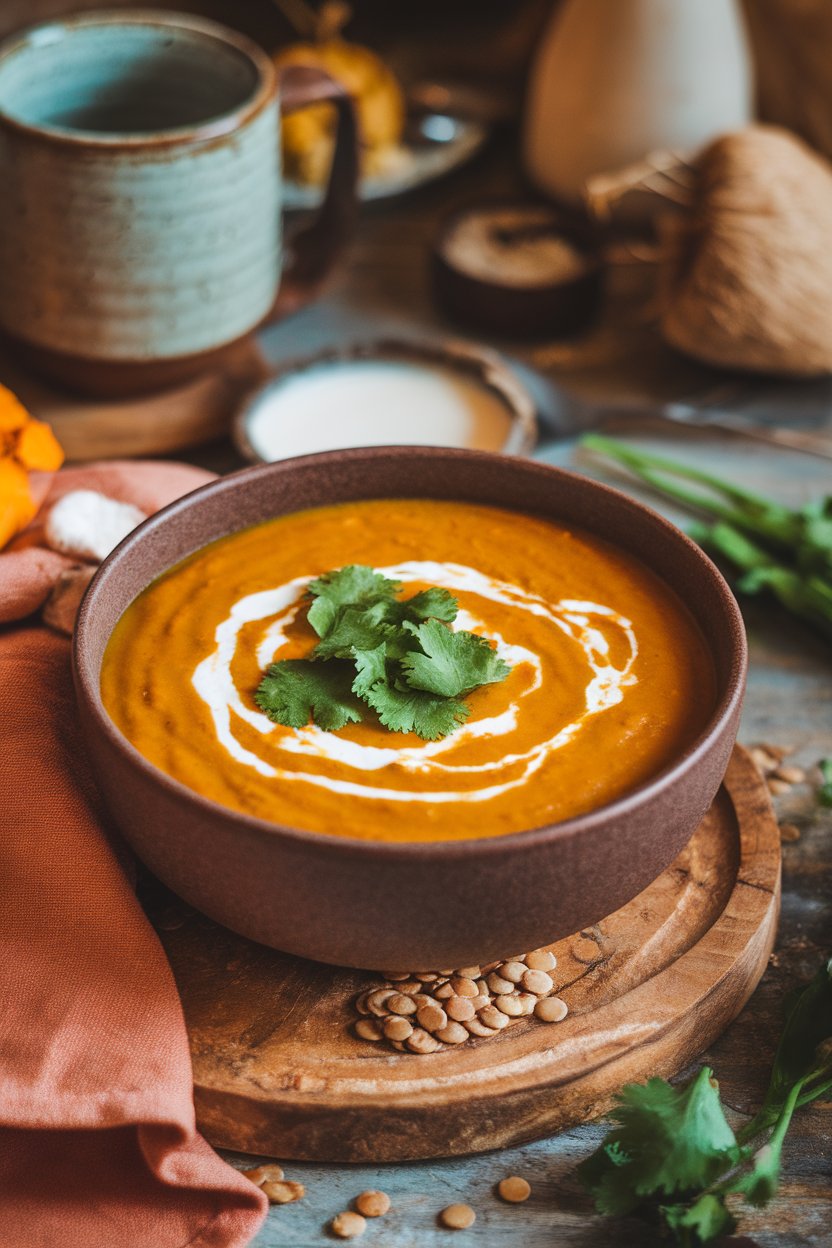 Indoor photo of a bowl of creamy pumpkin lentil soup topped with a swirl of coconut milk and cilantro. No text or logos.