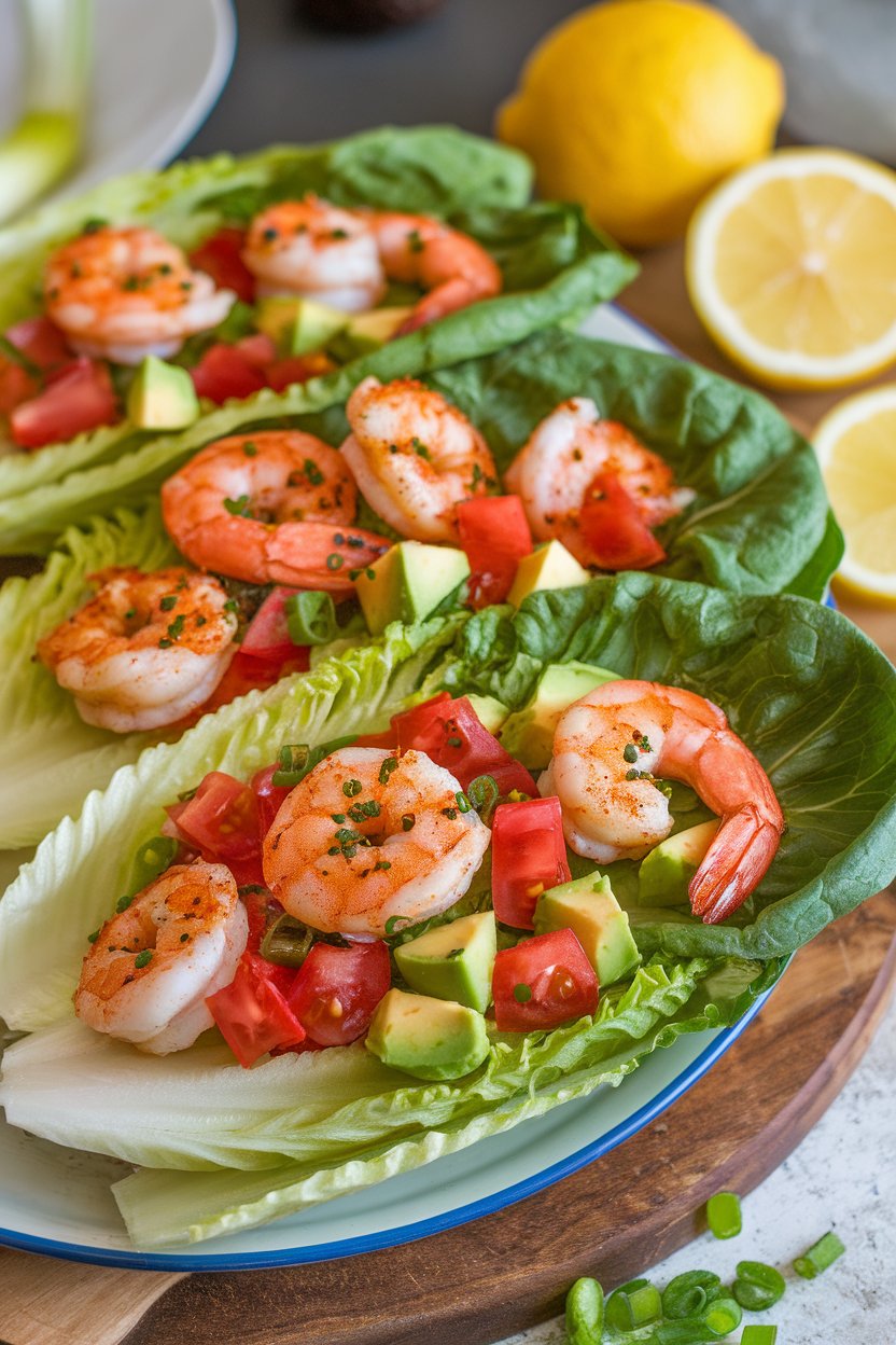 Photo of an indoor platter showing romaine leaves filled with Cajun-spiced cooked shrimp, diced tomatoes, and avocado; no text or logos