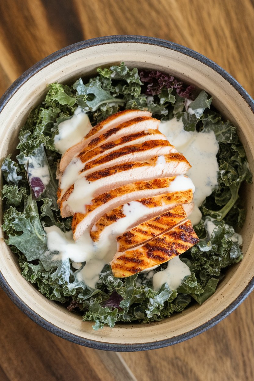 A ceramic indoor salad bowl filled with chopped kale, sliced grilled chicken breast, and a creamy yogurt dressing drizzled on top; no text or logos.