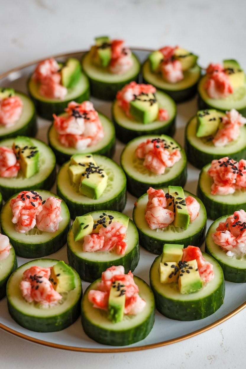 Indoor photo of small cucumber rounds hollowed slightly and filled with cooked crab meat, diced avocado, and sesame seeds, arranged neatly on a plate. No text or logos.