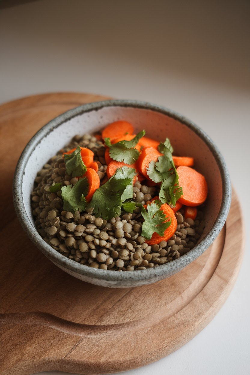 Indoor photo of a rustic bowl containing green lentils, roasted carrot coins, and chopped cilantro, lightly dressed. No text or logos.