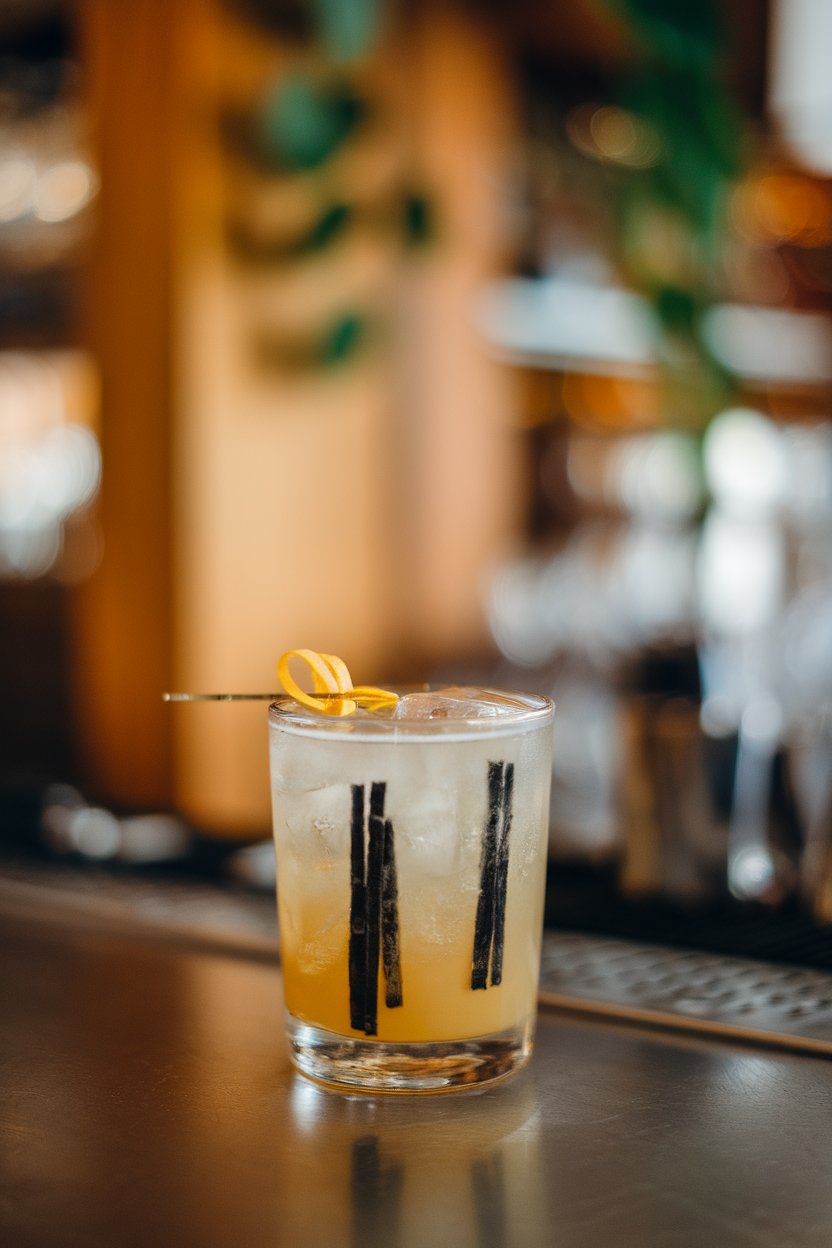 Photo of nearly black shots with a tiny orange zest spiral, indoor bar; no text or logos.