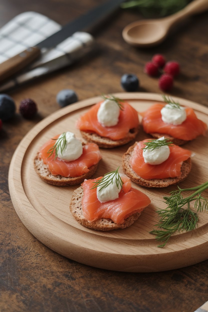 A wooden board indoors with small buckwheat blinis topped with smoked salmon slices and dill crème fraîche—no text or logos. Photo.
