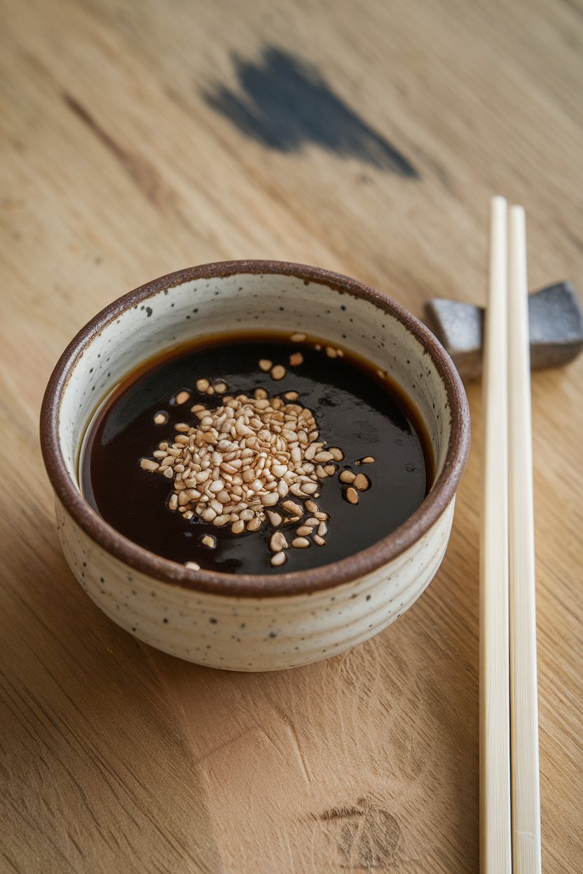 An indoor scene with a ceramic bowl of dark sesame soy dressing, sprinkled with toasted sesame seeds and chopsticks nearby. Photo, not illustration. No text or logos.