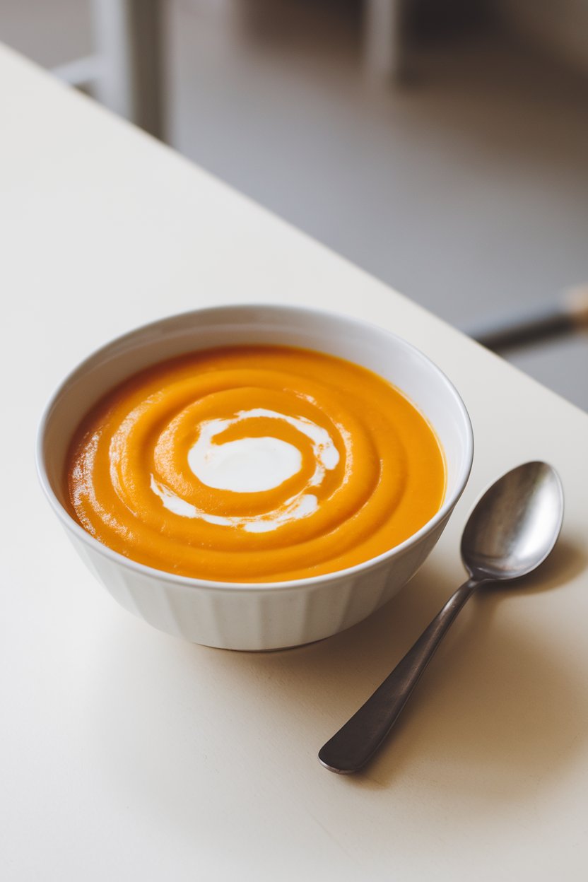 An indoor soup bowl filled with silky orange butternut squash soup, a swirl of coconut milk on top, spoon resting nearby. No logos or text. Photo.