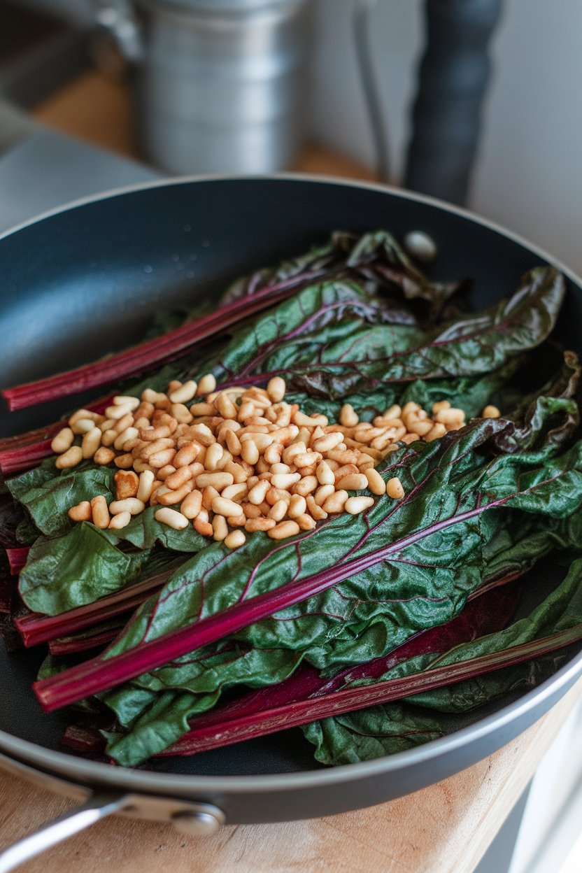 Skillet indoors showing wilted Swiss chard stems and leaves sprinkled with toasted pine nuts. No text or logos.