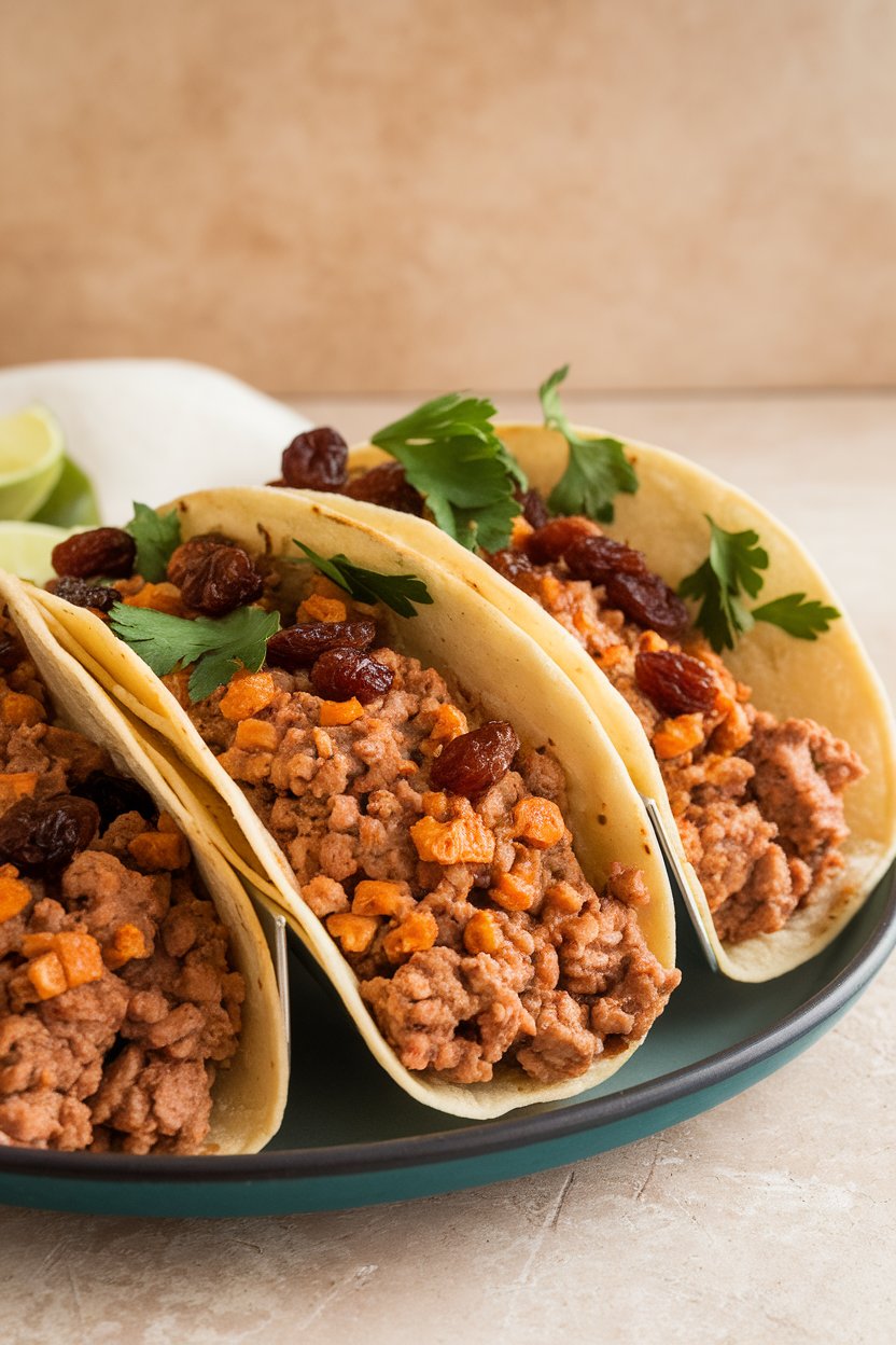 Photo indoors of tacos filled with ground turkey seasoned with cumin, cinnamon, and paprika, topped with raisins and parsley. No logos or text.
