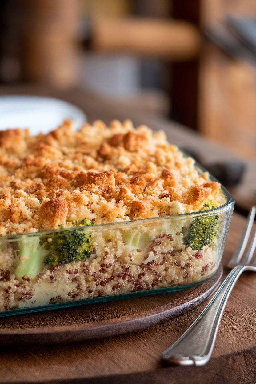 Indoor photo of a casserole dish of quinoa and broccoli in a light cheese sauce, breadcrumb topping browned. No text or logos.