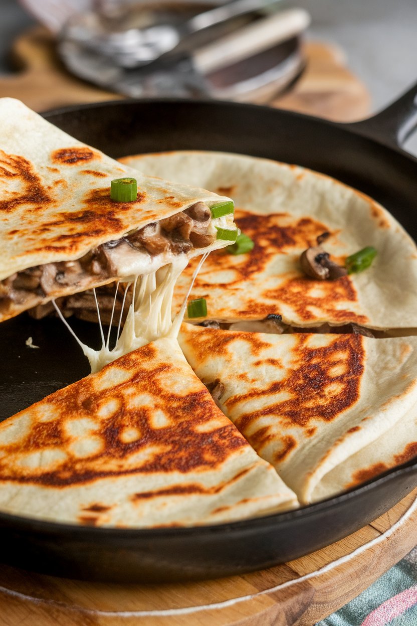 Indoor skillet, chipotle mushroom quesadilla slice lifted, cheese stretch, photo, no text or logos.