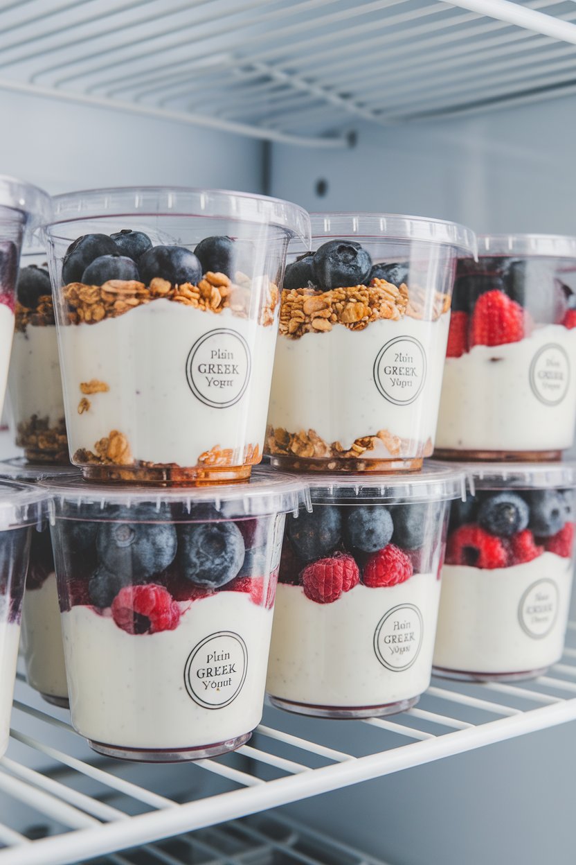 An indoor fridge shelf view with clear cups layered neatly with plain Greek yogurt, honey, granola, and mixed berries. No logos or labels.