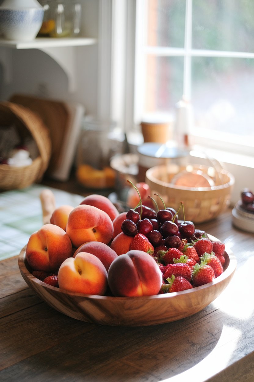 An indoor farm-style kitchen table with a wooden bowl of vibrant seasonal fruits—peaches, strawberries, and cherries—sunlight shining through a nearby window. No text or logos present.