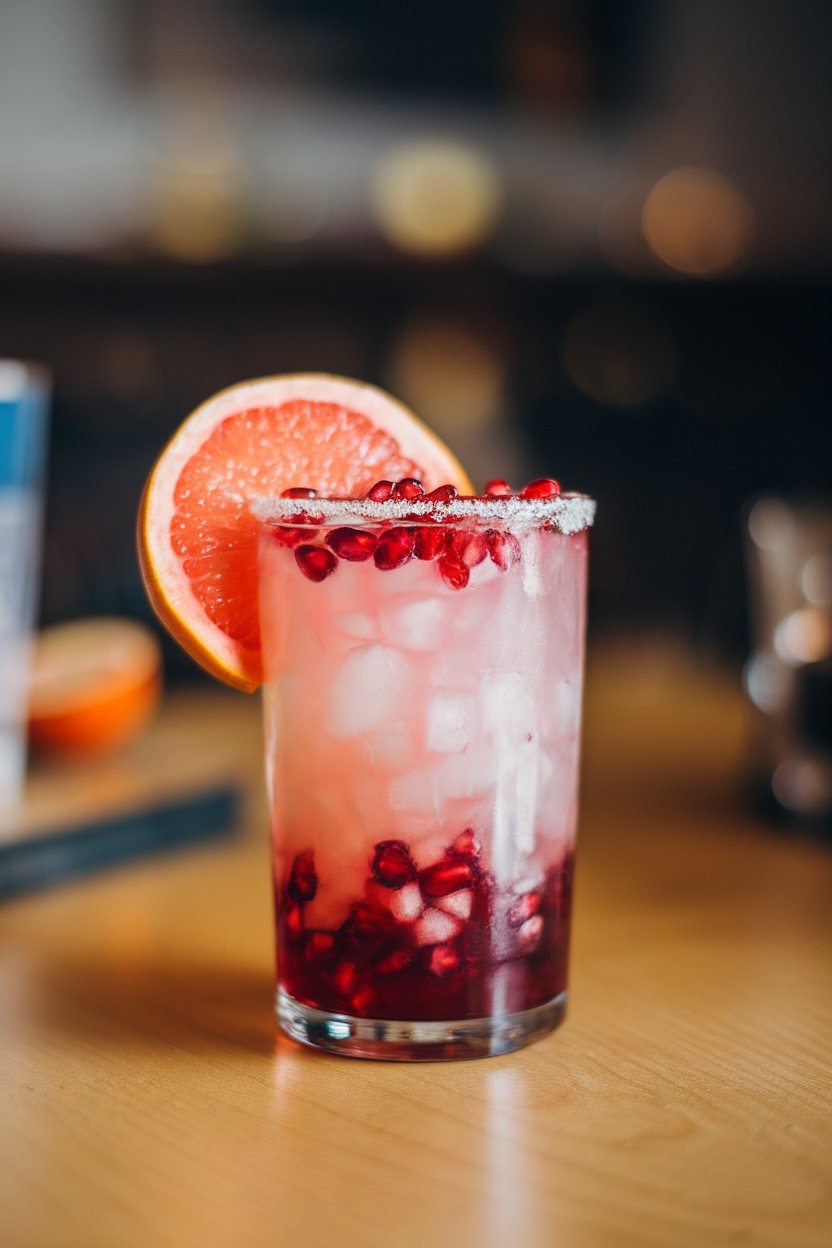 Indoor table, tall glass of layered pink and ruby margarita, thin grapefruit slice and pomegranate arils floating; no text or logos.