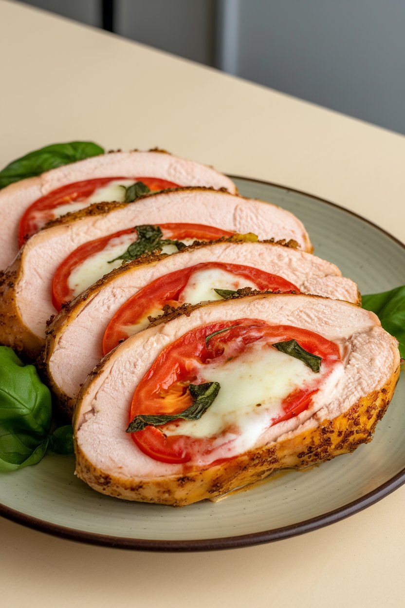 Photo of sliced chicken breast filled with melted mozzarella, tomato, and basil, shown indoors on a dinner plate. No text or brand names in view.