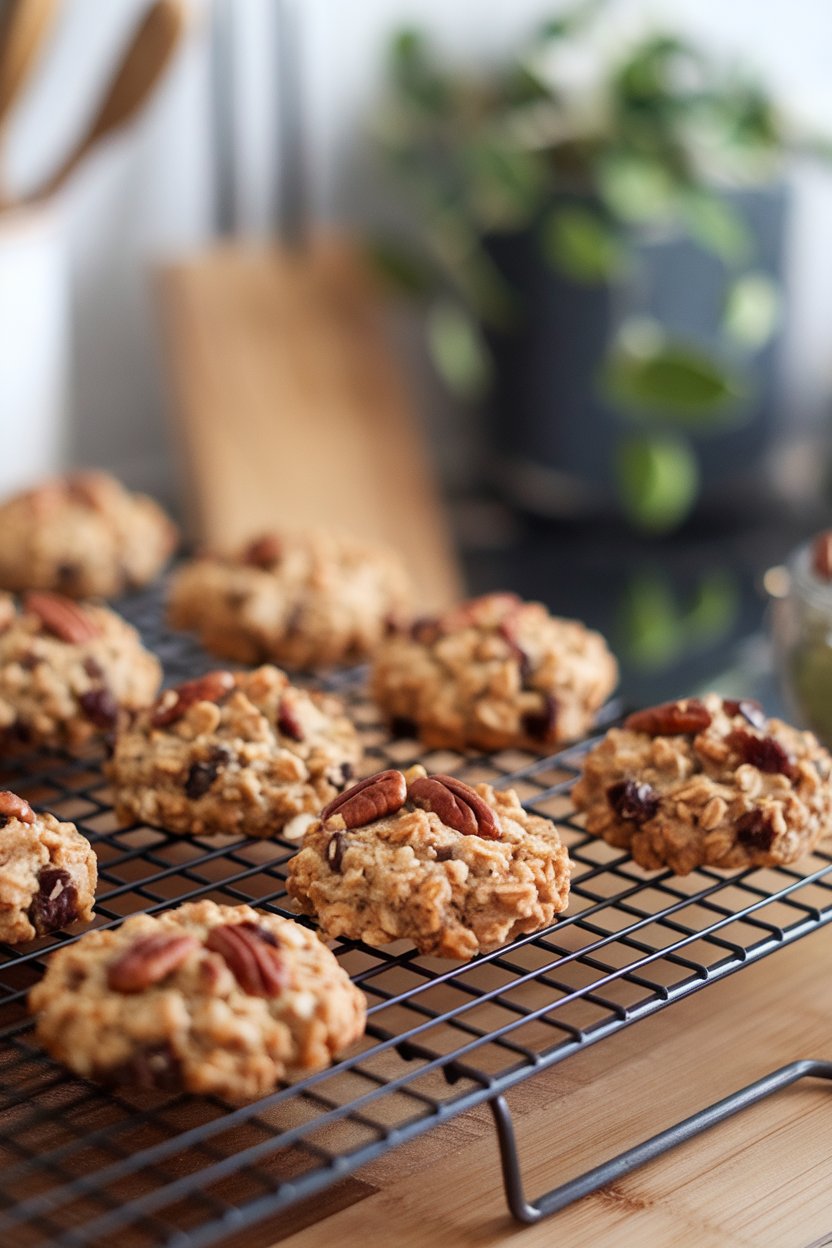 Cooling rack indoors with round oatmeal cookies containing visible pecan chunks and date pieces. Photo only; no text or logos.