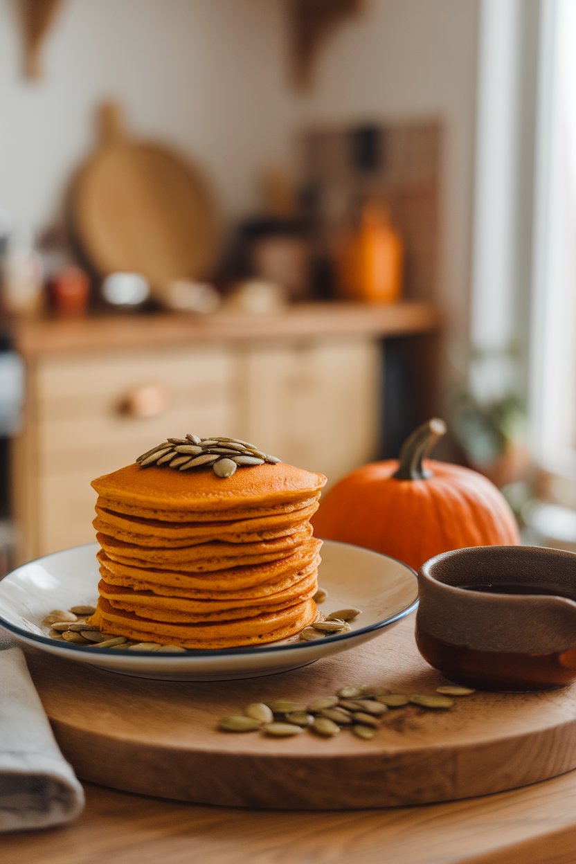 Warm indoor view of pumpkin-colored pancakes crowned with roasted pumpkin seeds; small pot of warm maple on the side, no logos.