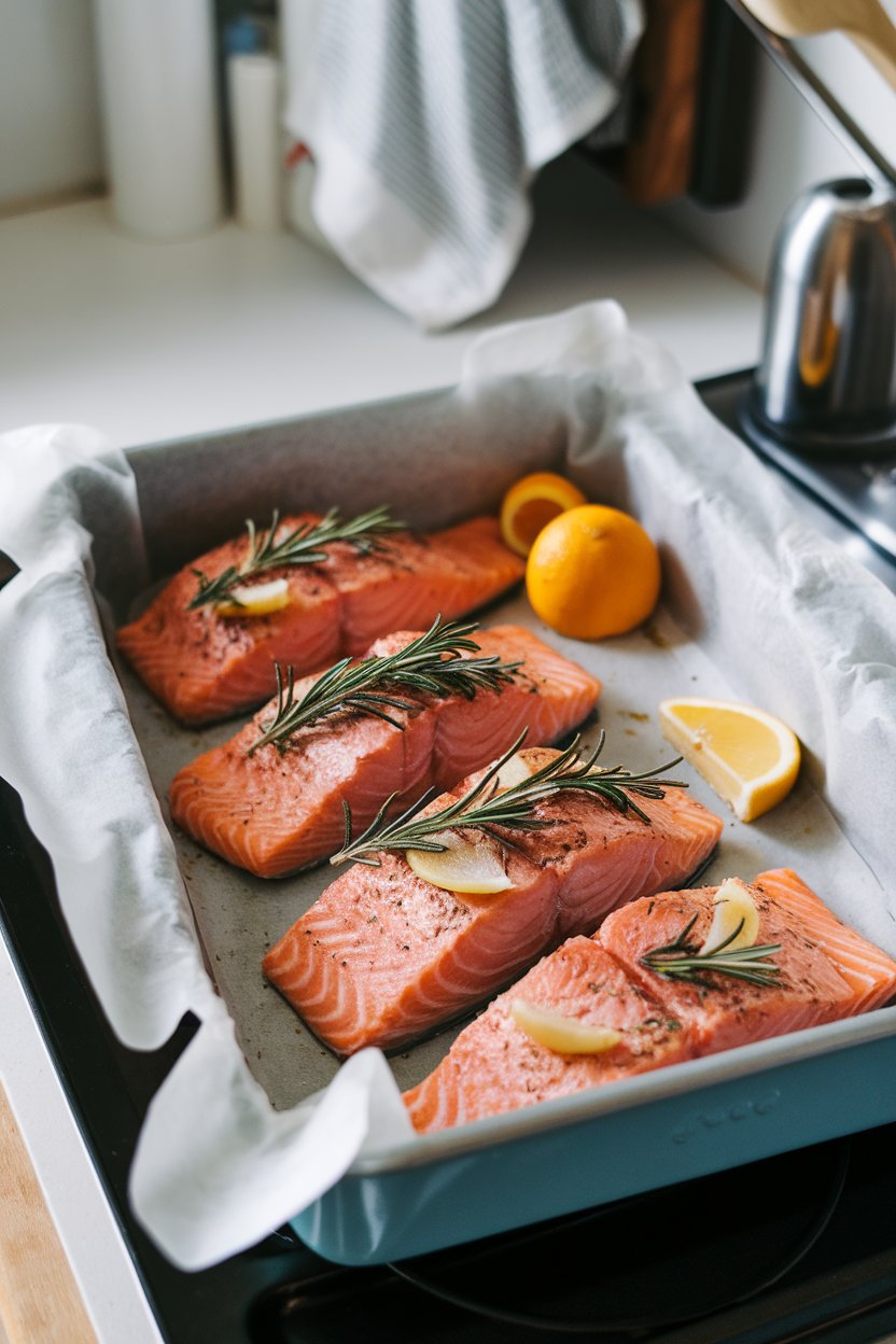 A parchment-lined baking dish on an indoor counter showing cooked salmon fillets topped with rosemary sprigs and garlic slices; no text or logos, photo only