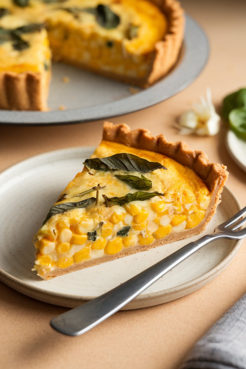 Photo of a slice of corn and basil quiche with visible polenta crust, indoor setting—no text or logos.