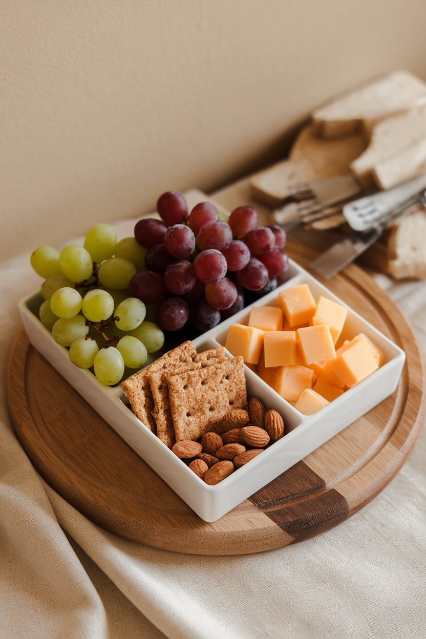 Indoor photo of divided containers holding grapes, cheese cubes, whole-grain crackers, and almonds; no text or logos.