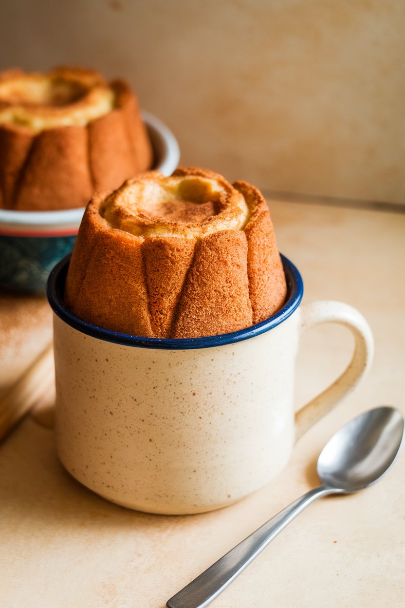 Indoor mug with risen apple cinnamon cake, spoon resting nearby. No text or logos.