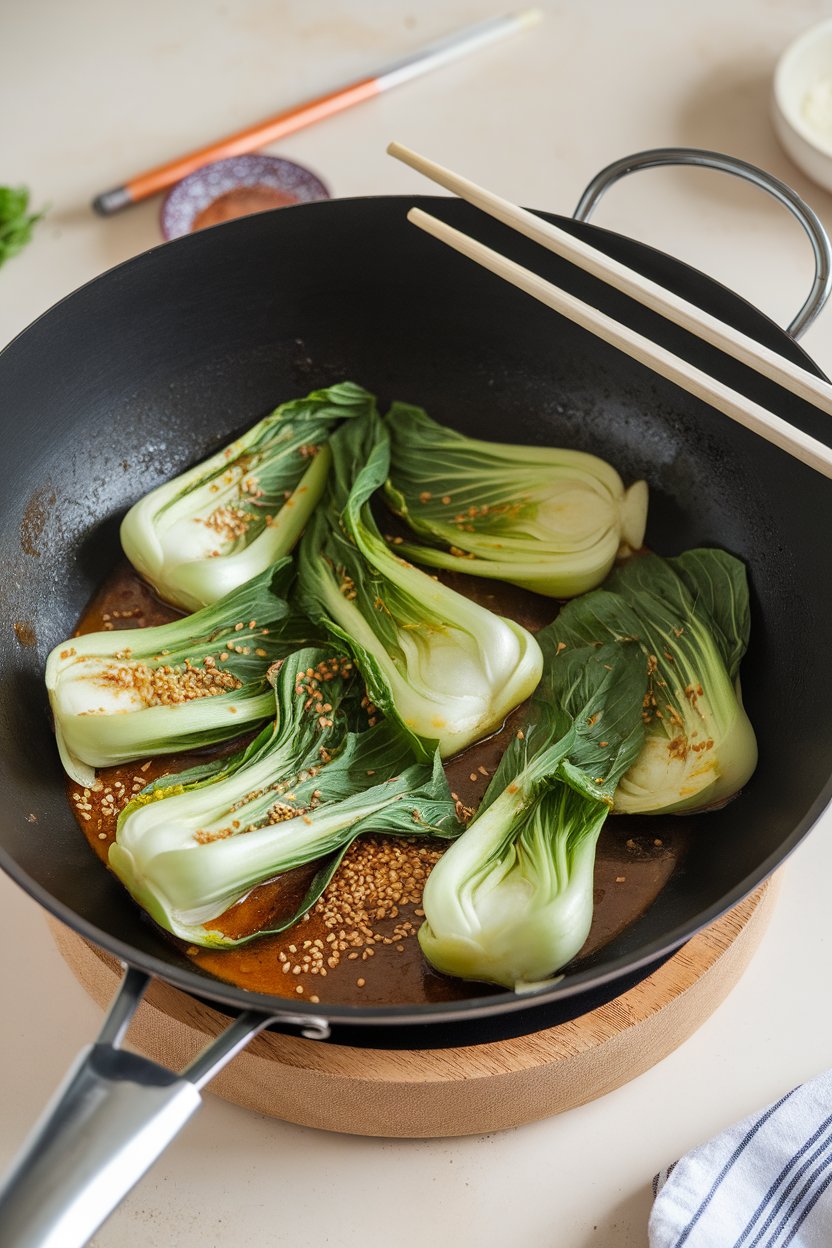 Photo prompt: Indoor wok filled with bright green bok choy leaves glistening in sesame-ginger sauce, chopsticks resting on side. No text or logos.