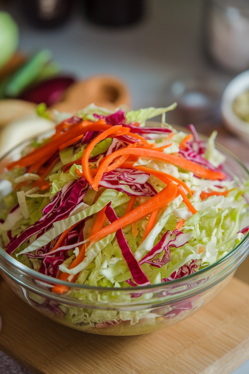 Indoor salad bowl of shredded red and green cabbage, carrot ribbons, and bell peppers tossed lightly in dressing. No text or logos; photo.