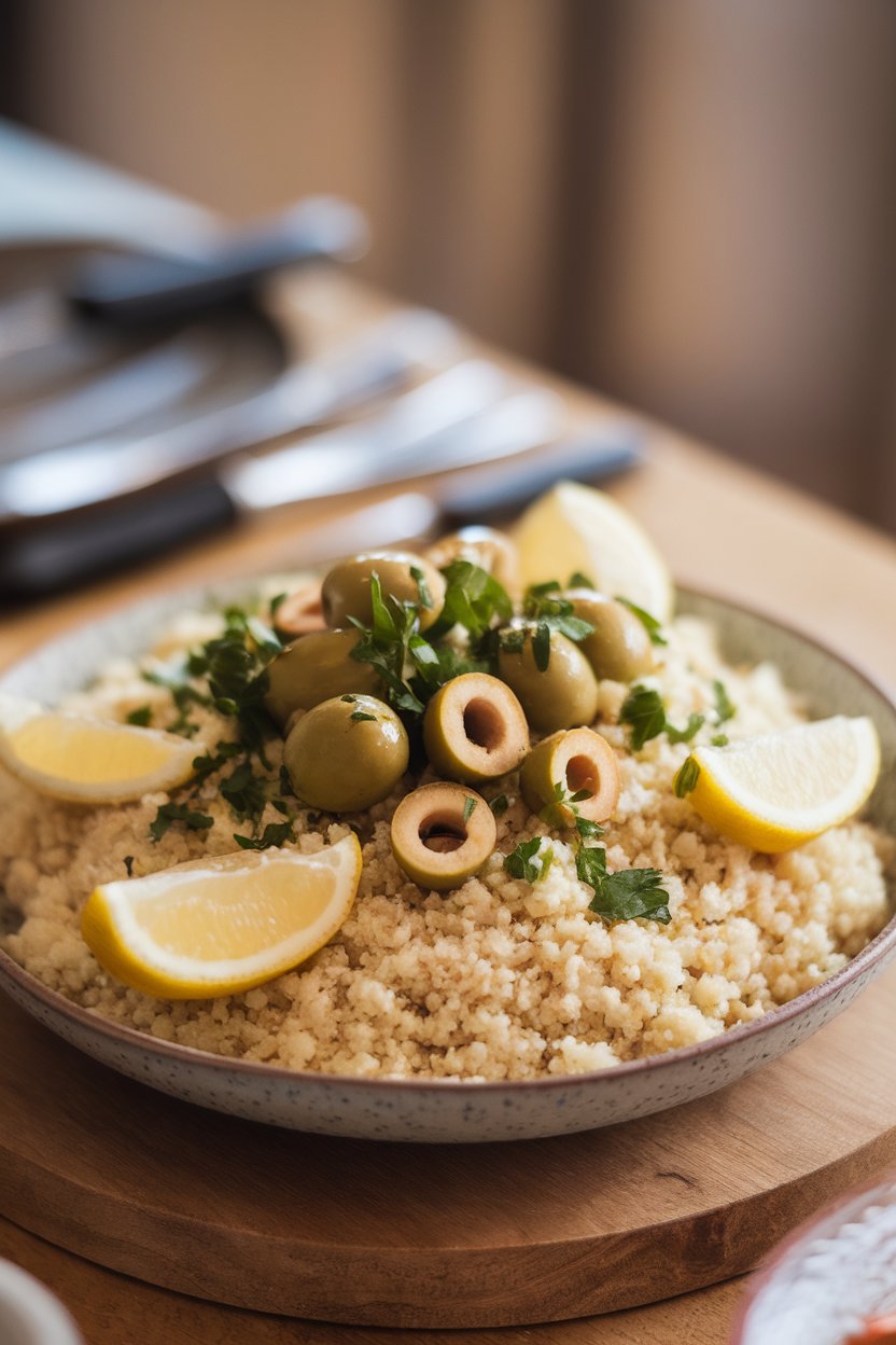 Indoor photo of a shallow bowl of fluffy couscous with sliced green olives, parsley, and lemon wedges. No text or logos.