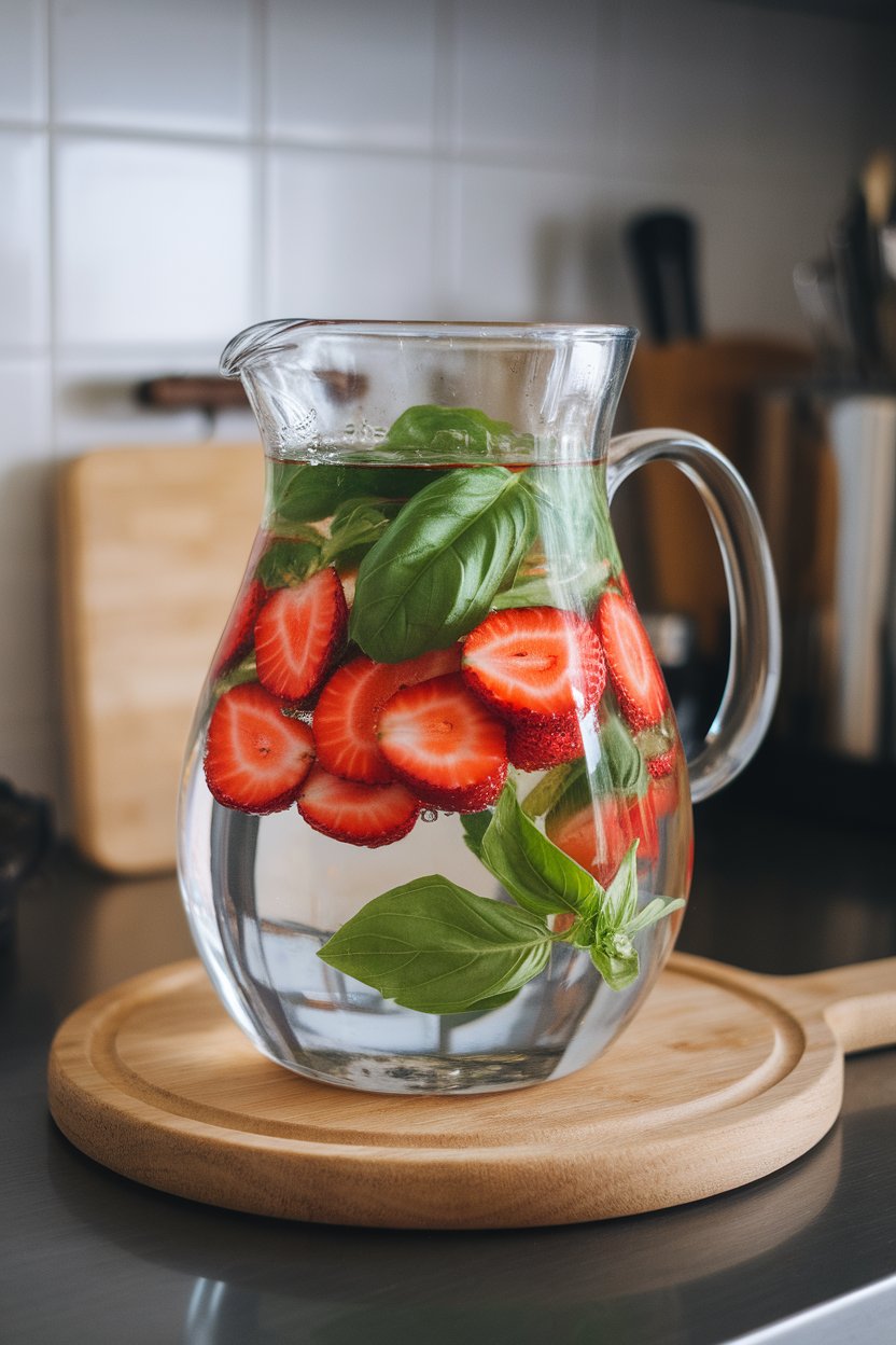 Photo of a glass pitcher filled with water, sliced strawberries, and basil leaves, placed indoors on a kitchen counter. No branding or text in view.