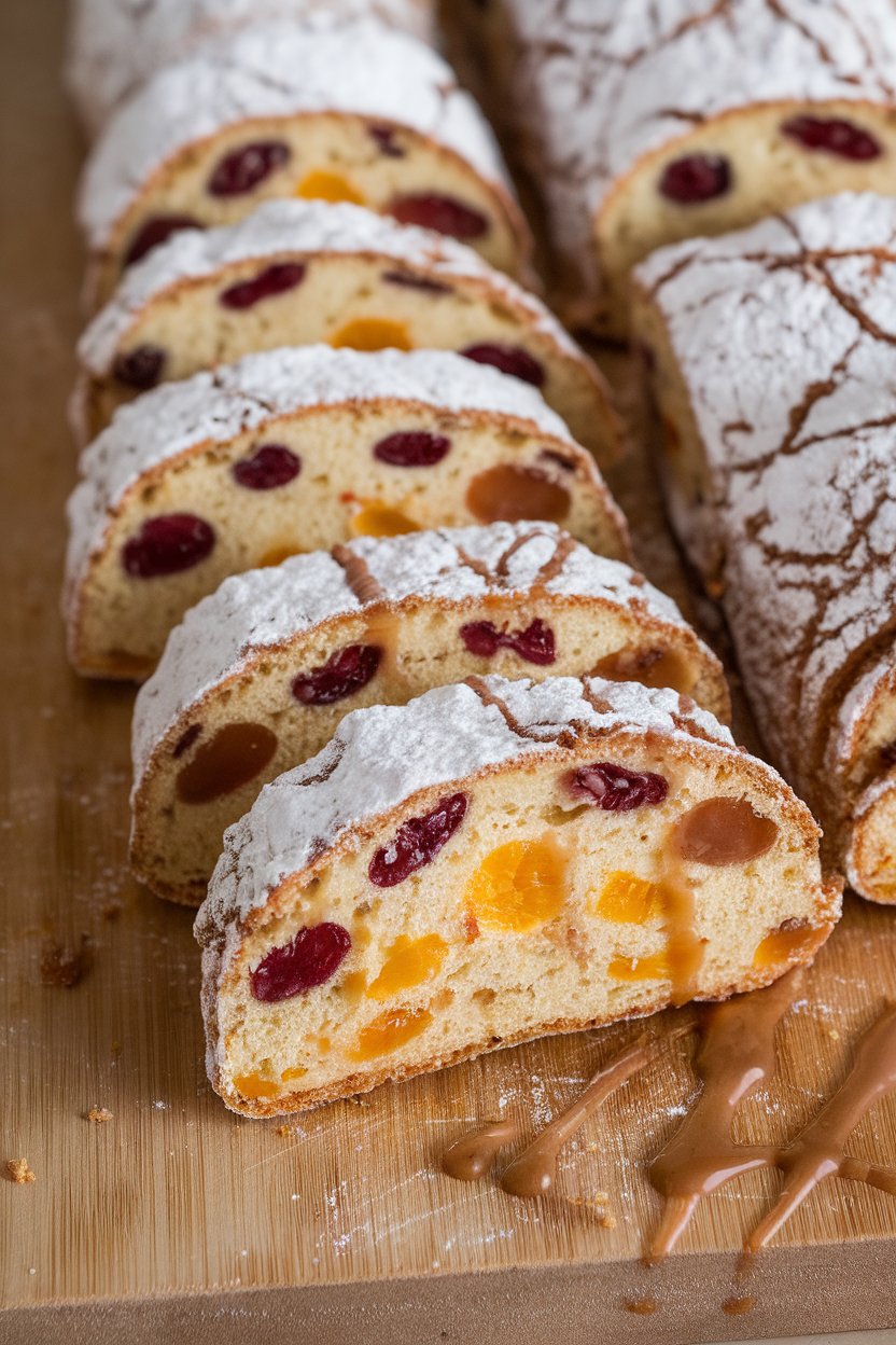An indoor cutting board with powdered-sugar-coated stollen slices showing fruit and marzipan center, no logos or text. Photo.