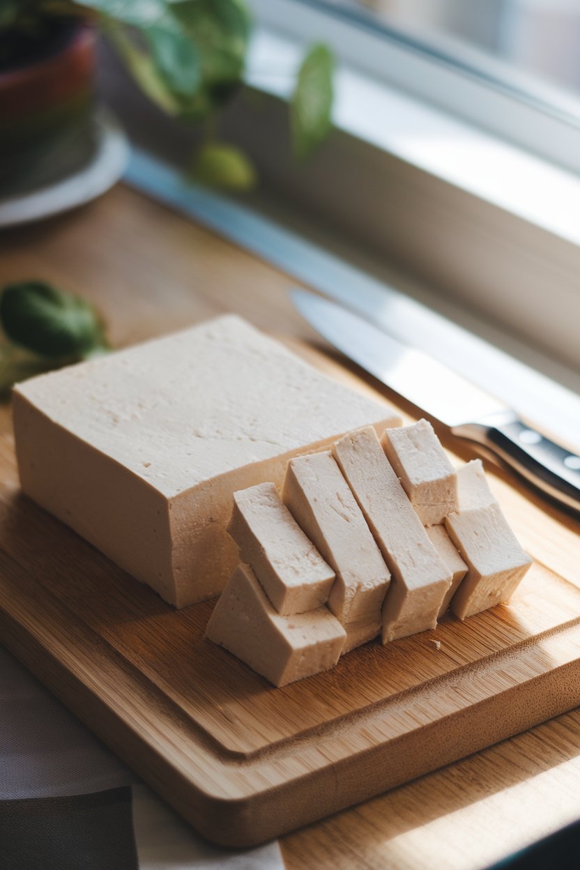 Indoor cutting board with a block of firm tofu sliced into cubes, ready for cooking, light from a nearby window. No text or logos. Photo.