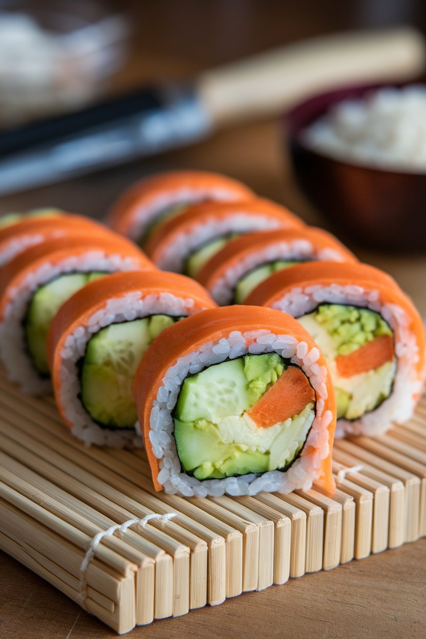 Indoor photo of neatly sliced brown rice veggie sushi rolls on a bamboo board, showing avocado, cucumber, and carrot centers; no text or logos.