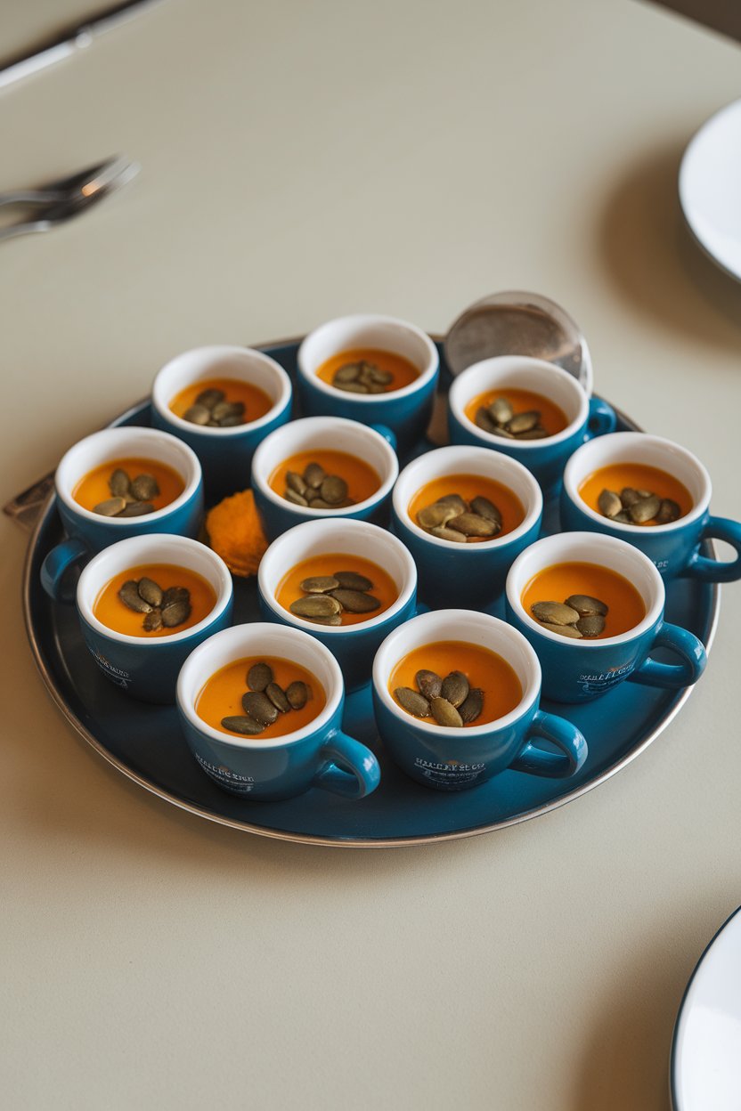 A tray of small espresso cups on a dining table, each filled with velvety orange soup and topped with pumpkin seeds. No text or logos.