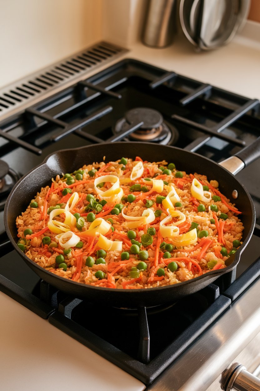 An indoor stovetop view of a skillet filled with golden fried rice dotted with peas, carrots, scrambled egg ribbons, and green onions. Photo only, no text or logos.