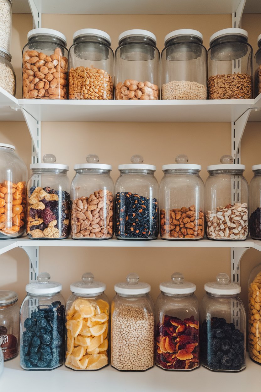 Indoor pantry shelf neatly arranged with clear jars of nuts, seeds, and dried fruit at eye level. No text or logos, photo not illustration.
