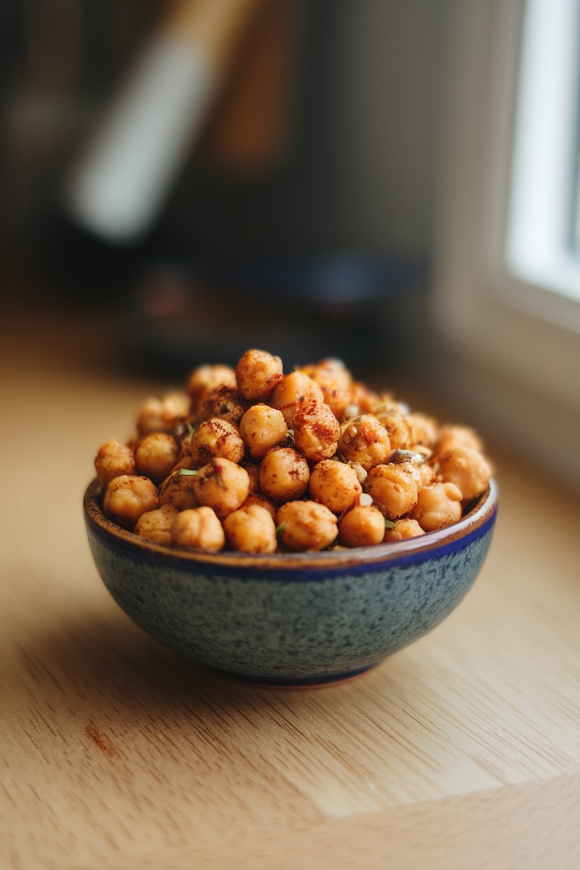 Photo of a small indoor bowl overflowing with seasoned, roasted chickpeas, shot from overhead. No text or logos.