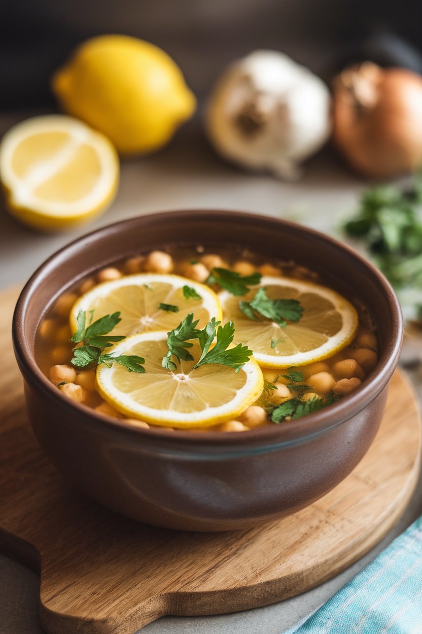 Indoor photo of broth-based chickpea soup with lemon slices and parsley floating, captured under soft light; no text or logos
