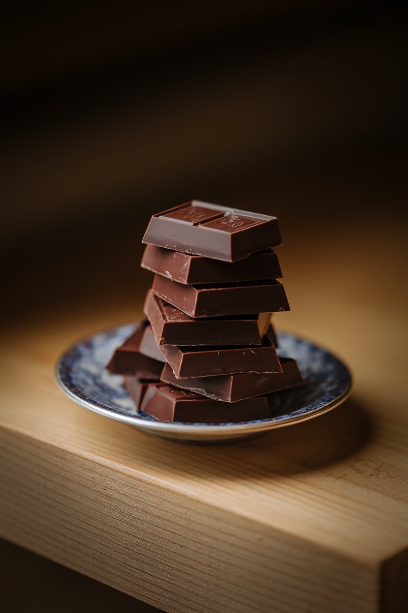 Indoor photo of dark chocolate squares stacked neatly on a small plate, soft spotlight effect, no text or logos