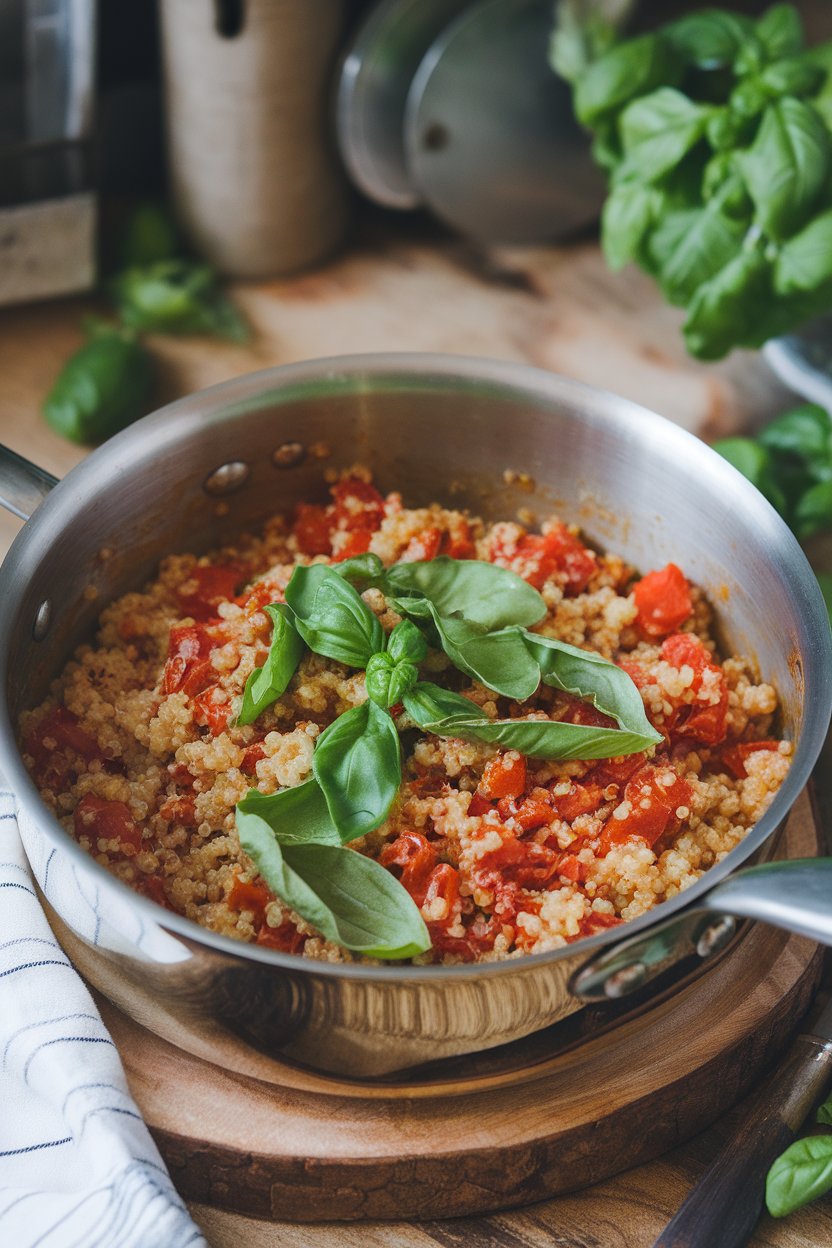 An indoor saucepan of creamy tomato quinoa topped with fresh basil ribbons. No text or logos visible.