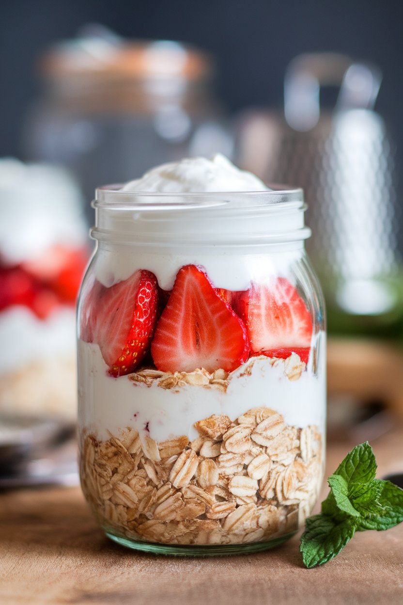 Indoor counter scene of a jar layered with bright strawberries, creamy oats, and a dollop of coconut yogurt on top. No text or logos. Photo, not illustration.