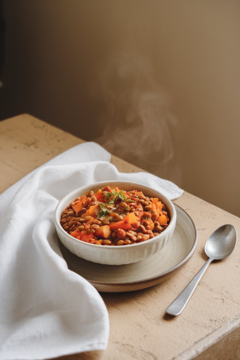 An indoor dining table featuring a colorful lentil and vegetable curry in a white bowl, steam rising. No text or logos visible.