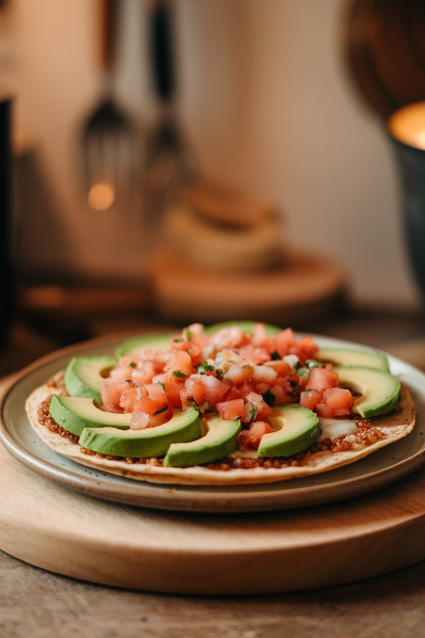 Indoor photo of thin quinoa tortilla pizza topped with avocado fan slices and fresh pico de gallo on a ceramic plate, no text or logos
