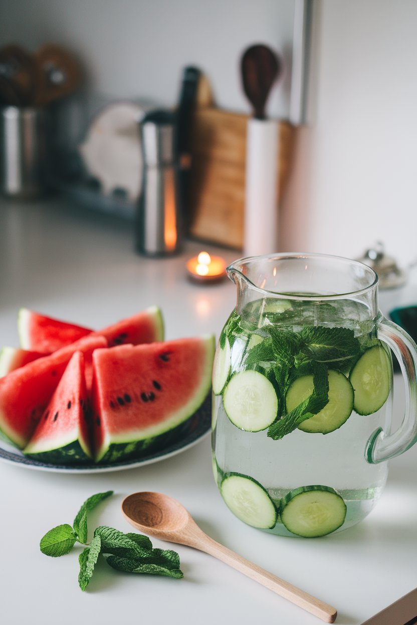 Photo of an indoor kitchen counter with a large glass pitcher of cucumber-mint water next to a plate of watermelon wedges. No text or logos visible.