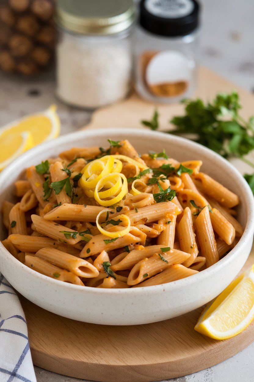 Indoor photo of a white ceramic bowl filled with chickpea-based penne coated in a glossy lemon-garlic sauce, garnished with parsley and lemon zest curls. No text or logos.