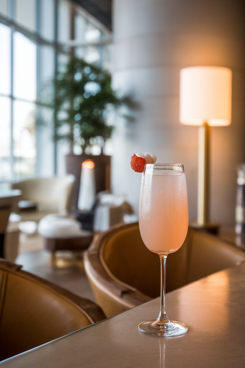 An indoor contemporary bar with a flute of pale blush Lychee Bellini, lychee fruit perched on rim. No text or logos.