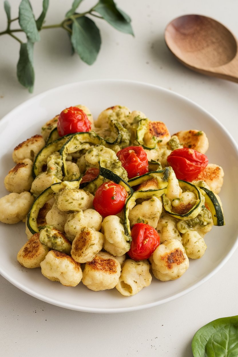Indoor plate of browned cauliflower gnocchi tossed with pesto-coated zucchini ribbons and cherry tomatoes. No logos.