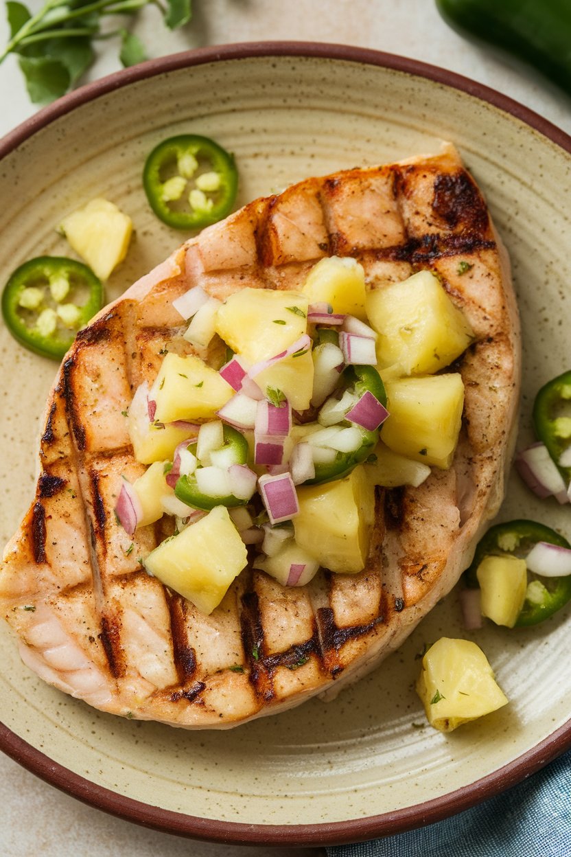 Indoor photo of grilled swordfish steak topped with chunky pineapple salsa on a ceramic plate. No text or logos.