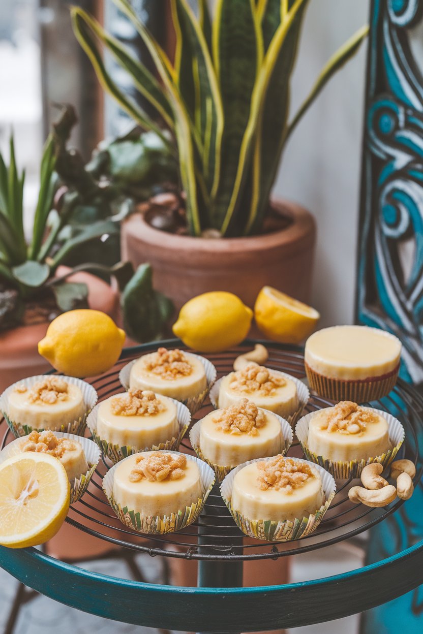 An indoor café table displaying mini lemon cashew cheesecakes in muffin liners, photo, no logos.
