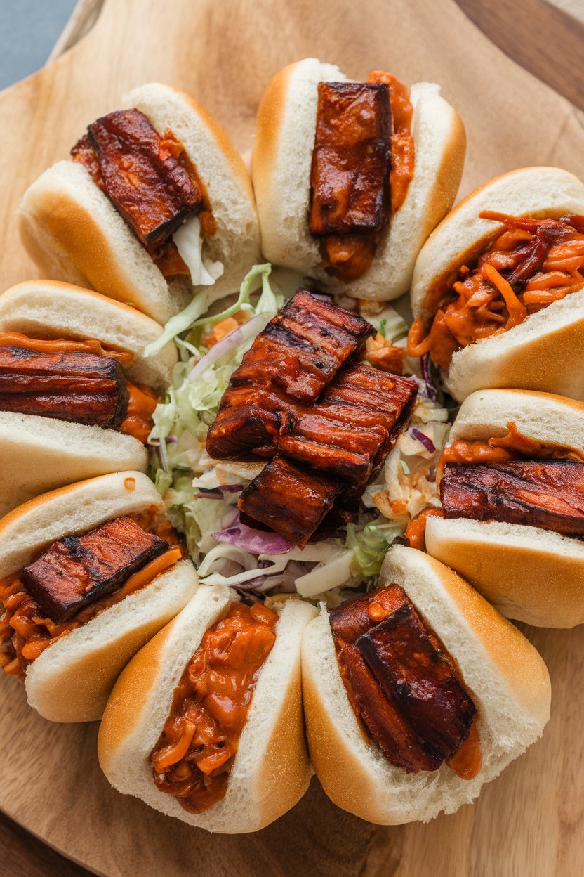 An indoor platter of mini whole-wheat buns stuffed with saucy barbecue jackfruit and crunchy slaw; no text or logos.