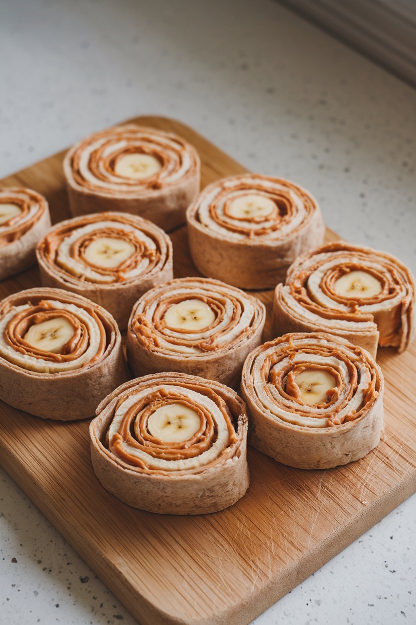 A cutting board on an indoor countertop holding pinwheel slices of whole-wheat tortilla spread with peanut butter and wrapped around banana, cross-section showing swirl. No text or logos. Photo.