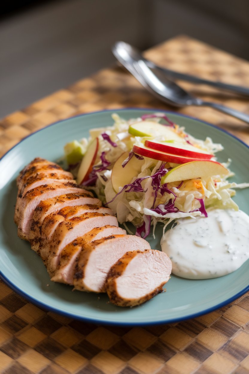 Indoor plate with sliced grilled chicken breast set beside a colorful apple and cabbage slaw in light yogurt dressing. No text or logos; photo.