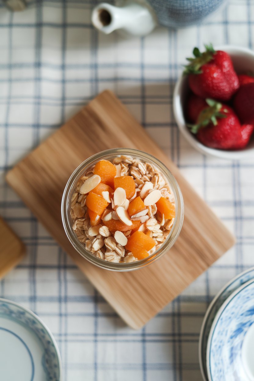 Indoor breakfast setting with a jar of oats dotted with diced dried apricots and topped with slivered almonds. No brands or text. Photo only.